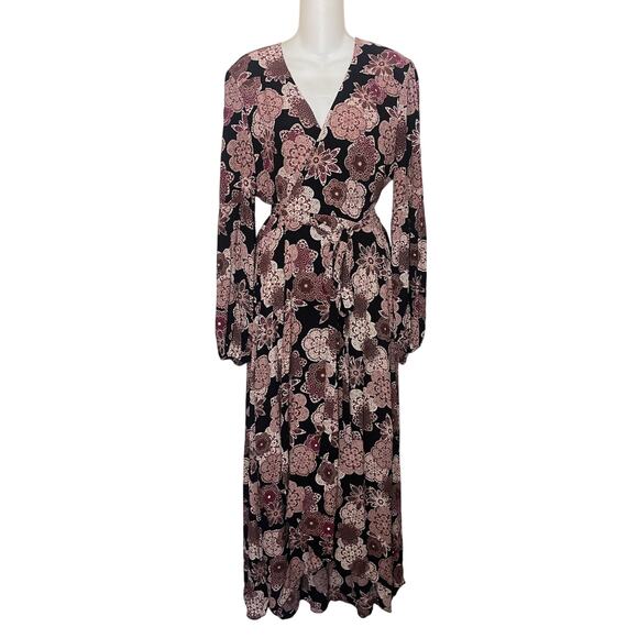 Christy Dawn Bergen Floral Wrap Long Sleeve Maxi Dress Sz Large Black Brown - Picture 1 of 11